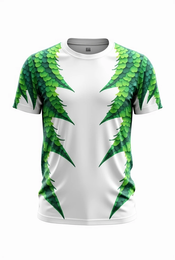 A plain white and green t-shirt with dragon scale patterns on the top and bottom of the shirt, on a white background 