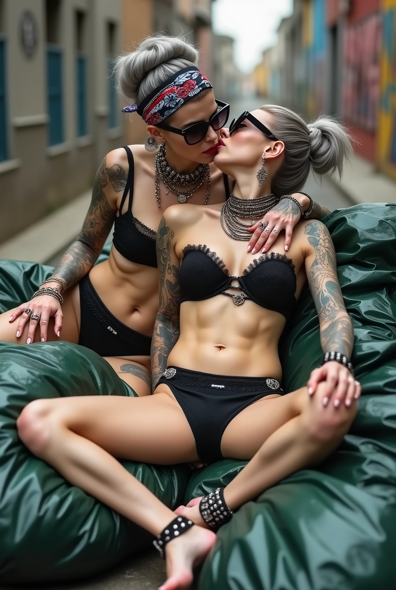 Two russian milf women: the dominant woman with possessive stance (spread legs wide open, arm around her partner"s shoulders like a snake, leaning on her partner and the other hand touching her thong) protecting the submissive and needy one, who is helpless and titls her head back. different clothes but same rock chic style. grey hair (bouffant, top bun) and oversized square sunglasses and wide colourful bandana as headband. Big lips. Black lace push up bra, silicone breast,, low rise black lace thongs. Barefoot with necklaces in ankles. Lots of thick wide studded bracelets, chain necklaces and big rings,. Long earrings with chains and feathers. Chains around their hips. Lounging lazily on a pile of huge dark green plastic bags. Lazy, leaning back, laid back pose, separated legs. Neck, chest, stomach, feet, hands, arms and wrists heavily tattoed. Toned abdominals, thin neck, slim legs and thin arms. Narrow hips. Full body. At a dead end street with graffitied walls, ground littered with waste . Some nuns get close. Daylight
