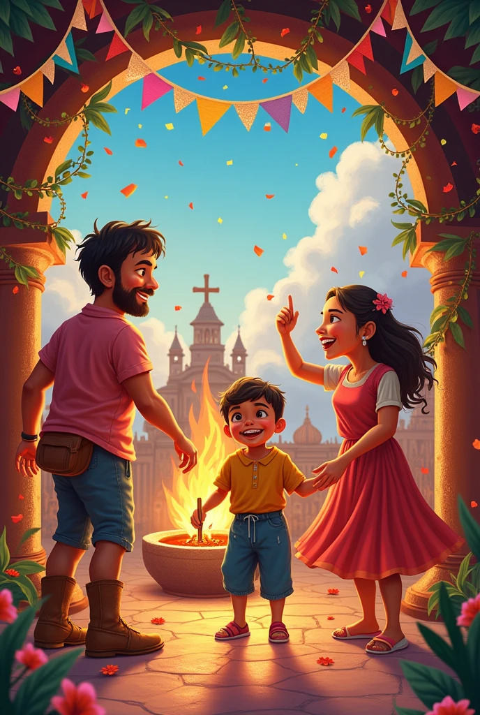 A colorful and festive background, with a family participating in the party activities, like the procession or the games. Include typical elements of the celebration such as the bonfire, flores, and religious symbols. There could also be a decorative frame reminiscent of popular festivities., with elements such as garlands or confetti.