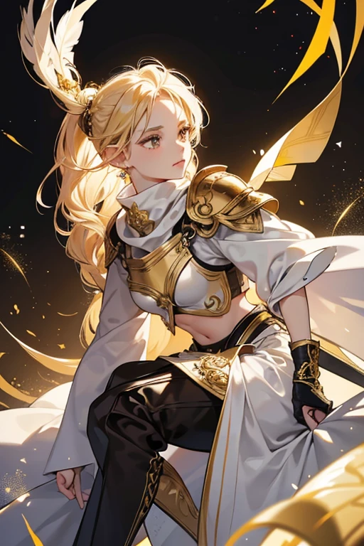 her blond hair is in a long braid with two white feathers attached at the tip. sHe has an earring consisting of an orb and another two smaller white feathers on her left ear. sHe wears a dark brown breastplate vest with gold and black accents baring hwe midriff and adorned with a diamond ornament, a white scarf clamped with a gold clip, and a white two-tailed cape lined with golden embroidery and a single golden guard with a fleur-de-lis pattern over her left shoulder. sHe wears dark hakama-like pants, dark brown gloves and black boots with kneecap guards accented with gold. SPARKLE; GLITTER