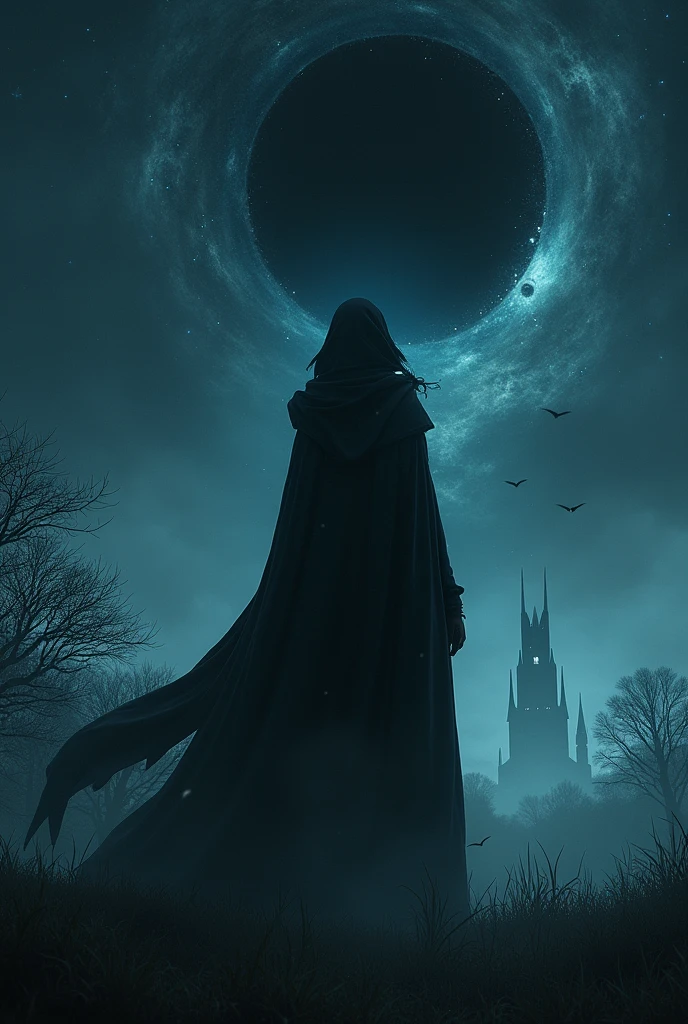Spooky witch on a starry night with dark black hole sillent hill