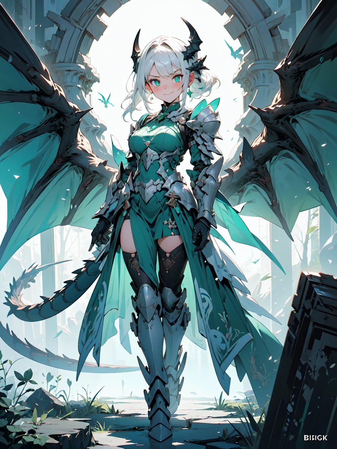 (((masterpiece, best quality, 8k))), fierce female knight, (full-body), emerald dragon scale armor, shimmering green glow, short spiky white hair, strands framing a sharp face, intense emerald eyes, smirk of confidence, walking through a dark enchanted forest, bioluminescent flora, dragons lurking in the misty canopy, magical energy crackling around her, (mystical lighting, high contrast)