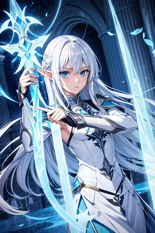 a semi-elf male paladin, long white hair, feminine facial features, celestial blue eyes, short stature, silver armor, wields a long ice sword, interior of an ice castle