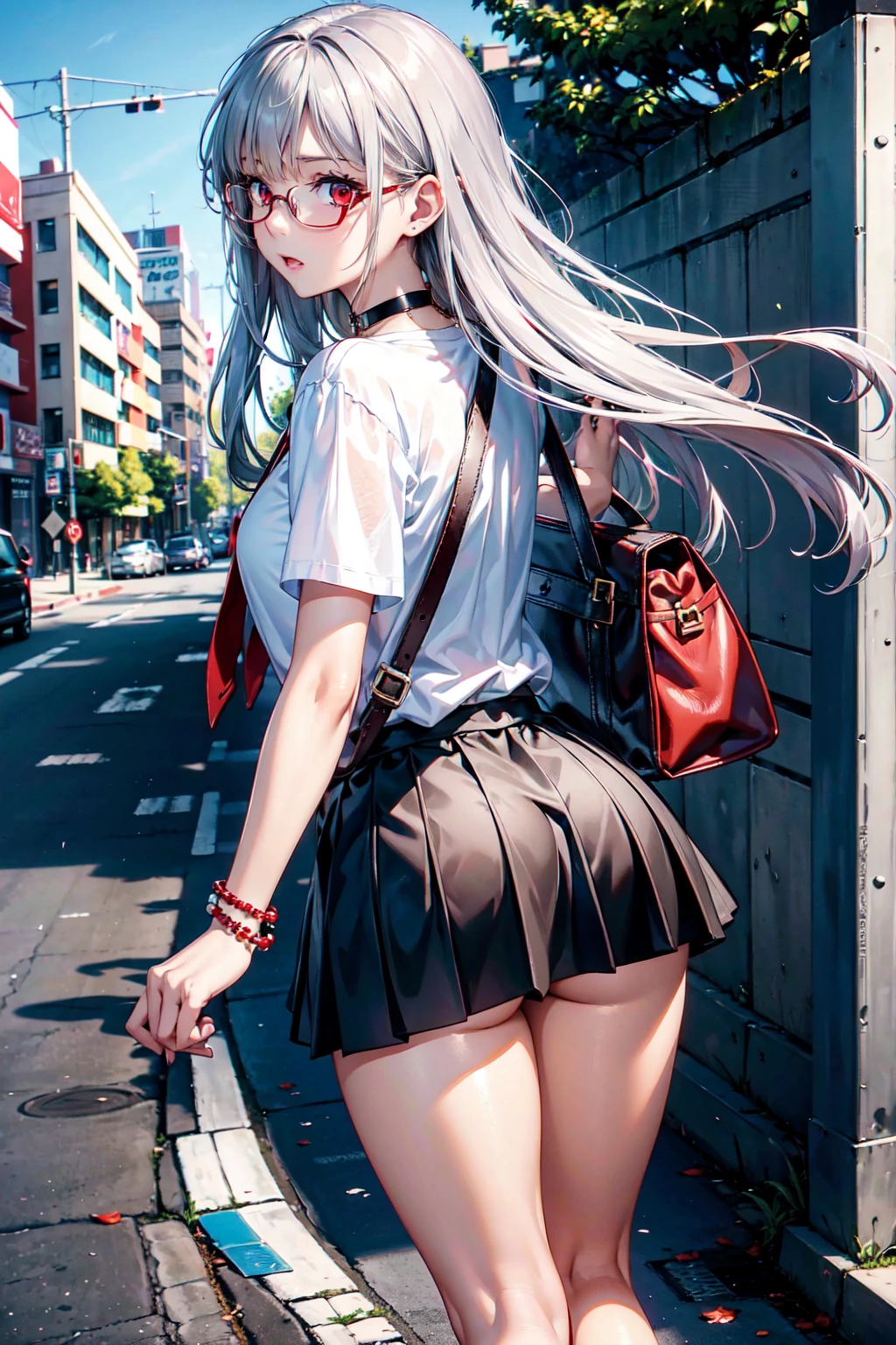 masterpiece, Superior image quality, High resolution, 4k image,Photo and gross, photorealistic, ung girl of 1, walking, {Alone},{{{vagina}}}, beautiful face, long silver hair, scarlet red eyes, very detailed eyes, expression of tenderness, Glasses, choker:1.6, short white t-shirt, red schoolgirl miniskirt, brown stockings, black boots, bracelet, bag on the shoulder, sensual lips , show details in the eyes, view from behind, perfect ass, Street, city, at daytime