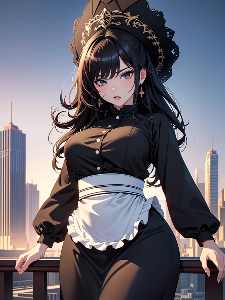 (Giantess:1.3)、(Masterpiece、Ultra-high resolution、Detailed expression、Beautiful depiction、8k、Highest quality、Artwork:1.2)、whole body、Beautifully detailed face、Over the city、A towering presence、Black Hair、18 meters tall、Married Woman、apron、Troubled face、skyscraper