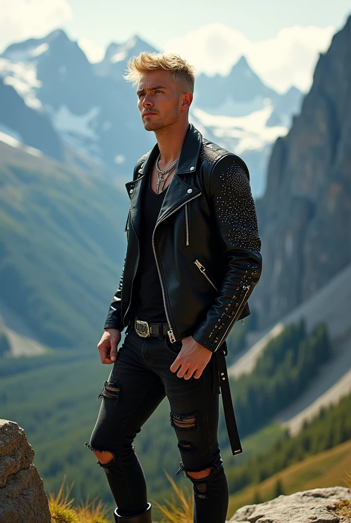 **Description:** The scene captures a moment of awe and wonder, featuring a blonde male model with striking blue eyes that enhance his undeniable charm. His athletic and toned physique is prominently displayed as he is shirtless, showcasing his well-defined torso. He wears a black leather jacket with intricate silver studs draped over his shoulders, paired with distressed black jeans and heavy black boots. His look is completed with a few accessories—a silver chain necklace and a leather wristband—adding an edgy flair that contrasts with the majestic natural surroundings. **Situation:** In this breathtaking scene, the model stands confidently at a scenic lookout point in the Alps, surrounded by towering snow-capped peaks and lush green valleys below. The crisp mountain air and the vast expanse of the landscape create a powerful contrast with the model's rockstar attire. The sunlight casts a warm, golden glow over his skin, highlighting his muscles as the cool breeze ruffles his hair. The dramatic backdrop of rugged mountains and deep blue skies complements the model’s striking appearance. His stance is relaxed yet powerful, with one hand resting lightly on a rock formation and the other casually by his side. His gaze is directed towards the distant horizon, his expression a blend of awe and serenity as he takes in the grandeur of the natural world around him. The soft light of the setting sun enhances the warm tones of the scene, creating a captivating atmosphere that highlights both the model’s features and the stunning alpine environment. The combination of the model’s strong presence and the majestic surroundings captures the essence of a bold and adventurous spirit, harmonizing the raw beauty of nature with a touch of rockstar edge. **Keywords:** summer, Alpine lookout, mountain view, shirtless, rockstar, leather jacket, model, nature, scenic, outdoors, adventure, natural beauty