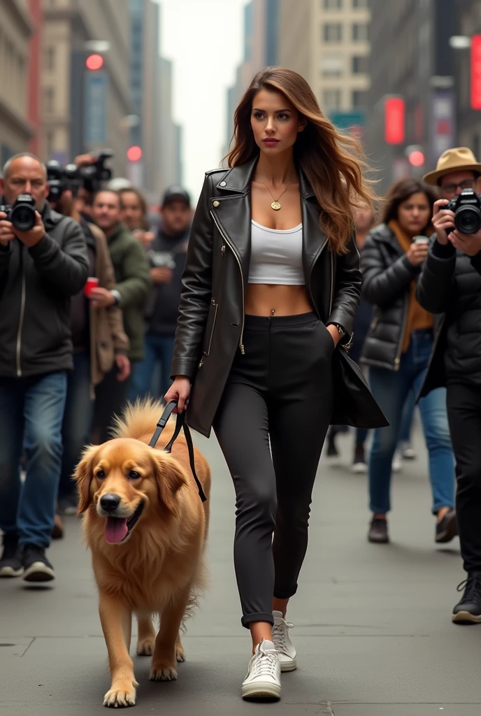 chica famosa con Brown hair saliendo a pasear a su perro golden, Brown hair, with lots of paparazzi around realistic
