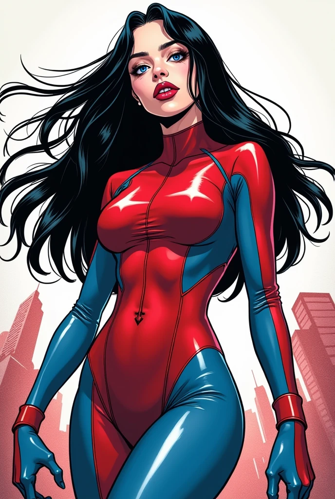 Monochrome manga art style, Billie Eilish as a superhero, vivid red and blue costume accentuating her dynamic form, glossy black hair flowing elegantly around her shoulders, piercing blue eyes portraying determination and strength, warm beige skin tone contrasting sharply with costume colors, standing confidently in an action pose that exudes empowerment and charisma, manga-influenced  features emphasizing expressiveness, complete composition showcasing her entire body adorned in stylish attire, background elements of a futuristic city skyline to emphasize her heroic journey, dynamic motion lines encircling her figure, creating a sense of movement and excitement, enhanced with exaggerated proportions to represent her larger-than-life persona, soft gradients and shading techniques typical of manga illustrations used to create depth and dimension, emotional narrative woven into the artwork, capturing a moment full of potential and adventure