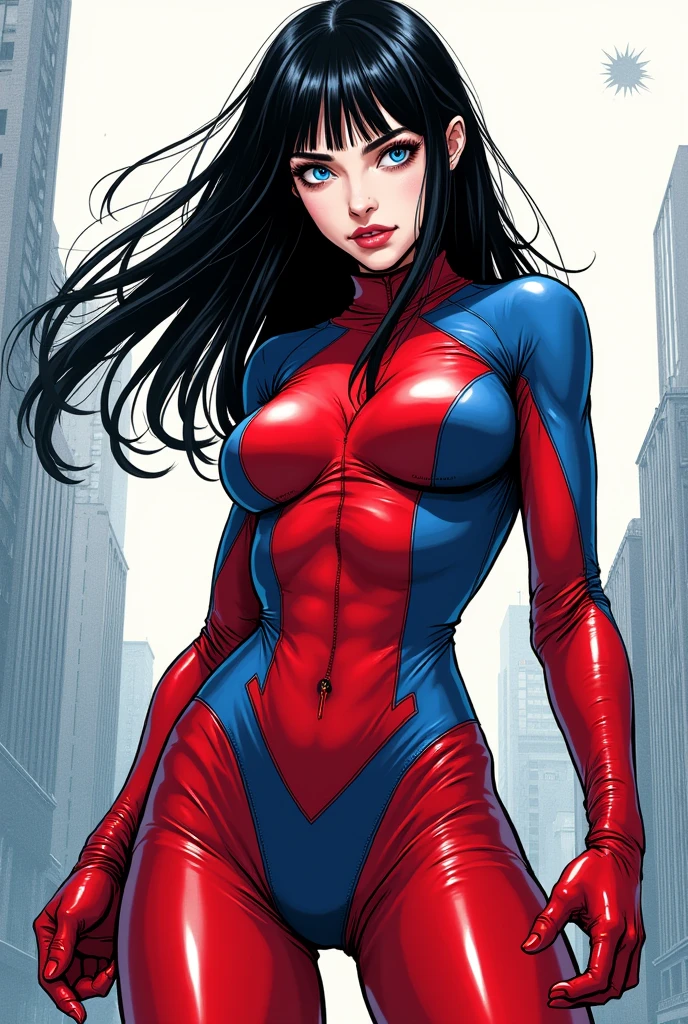 Monochrome manga art style, Billie Eilish as a superhero, vivid red and blue costume accentuating her dynamic form, glossy black hair flowing elegantly around her shoulders, piercing blue eyes portraying determination and strength, warm beige skin tone contrasting sharply with costume colors, standing confidently in an action pose that exudes empowerment and charisma, manga-influenced  features emphasizing expressiveness, complete composition showcasing her entire body adorned in stylish attire, background elements of a futuristic city skyline to emphasize her heroic journey, dynamic motion lines encircling her figure, creating a sense of movement and excitement, enhanced with exaggerated proportions to represent her larger-than-life persona, soft gradients and shading techniques typical of manga illustrations used to create depth and dimension, emotional narrative woven into the artwork, capturing a moment full of potential and adventure