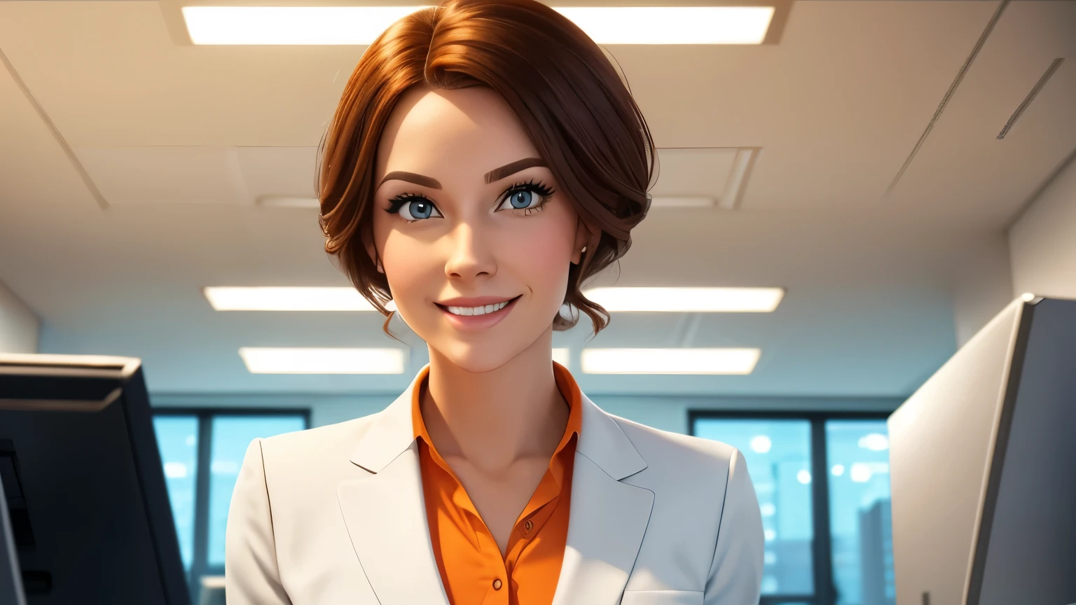pixar-style cartoon picture, Insurance manager 30-year-old white Caucasian woman in a modern office setting with orange suit looking straight into the camera, Energetic, warm, friendly, satisfaction, cosy, elegant, closed-mouth smile, flirtatious caucasian, perfect skin, moderate makeup, 8k professional photo, perfect composition, endless detail, clear background, exposed ceiling