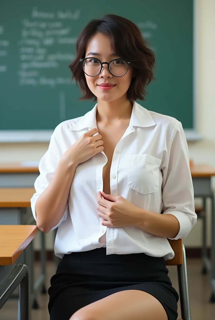Thai female teacher , short hair ,wear glasses, white shirt, black skirt , short skirt , Look at the underwear., very big breasts ,Unbutton your shirt., Leave your chest open  , The background is a classroom.. ,Show your breasts , H cup , Sit with your legs apart on a table. ,seductive pose, One hand holds the chest ,tan skin ,short curly hair , I saw a G-string..