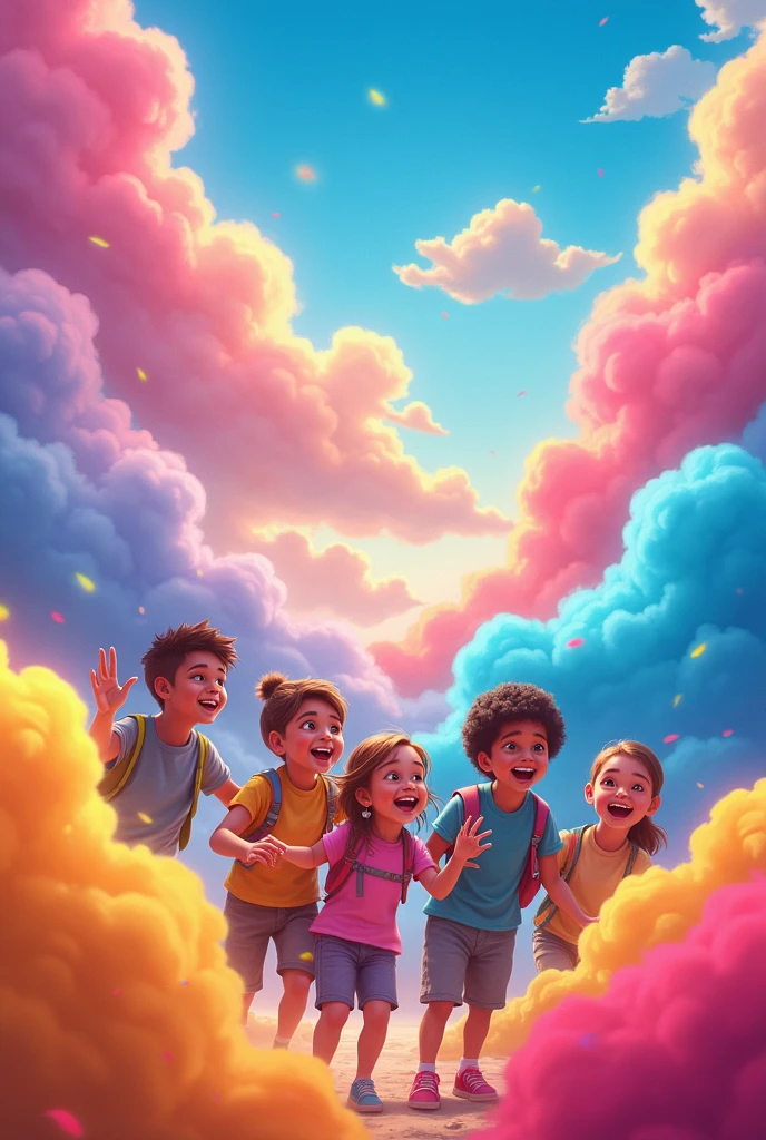colored clouds, Theme for music videos , donde tenga muchos colores y la iamgen tenga el nombre de Cantacantacolored clouds y tenga muchos niños felices