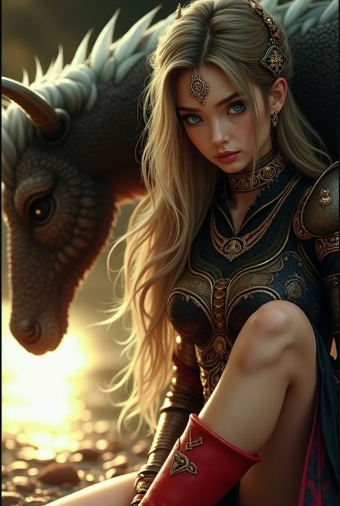a beautiful detailed girl, long flowing blonde hair, japanese style, red knee high boots, armored chest piece, detailed facial features, striking blue eyes, ornate jewelry, cinematic lighting, highly detailed, photorealistic, 8k, masterpiece, concept art