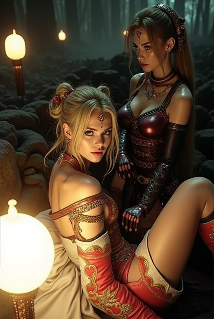 ( Pamela anderson and Megan Fox as yakuza: shibari,kneeling, silk kimono, looking at viewer, elegant, round brests, guns), ( background: mysterious garden, 7+Yakuza members, crowded, night, dynamic camera angle,strong sense of three-dimensional by Chris Achilléos), ((viewed from above)),((from male perspective))