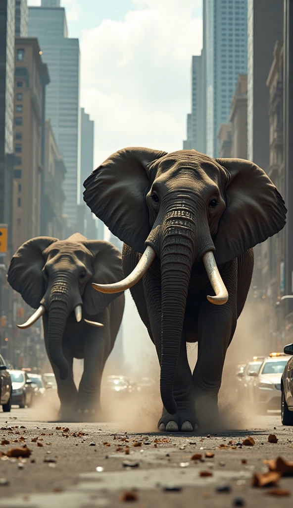 Two large elephants are chasing each other fiercely in the city.