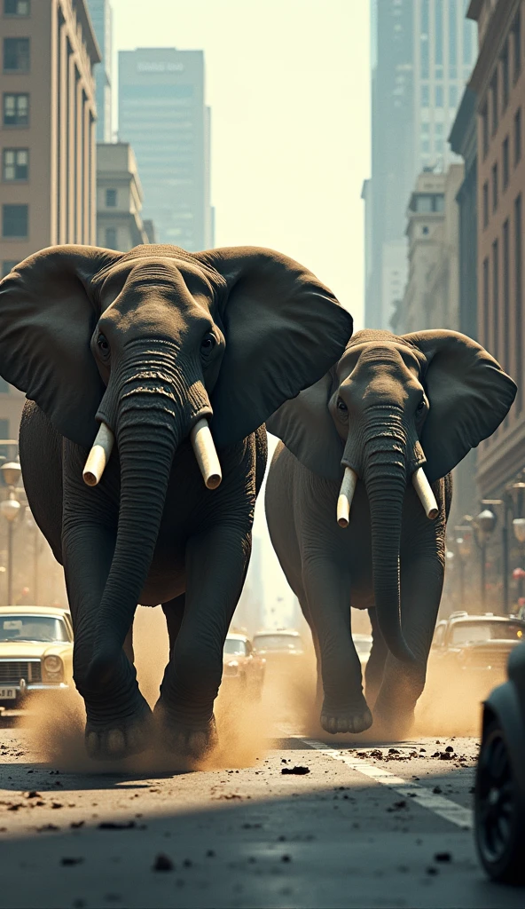 Two large elephants are chasing each other fiercely in the city.