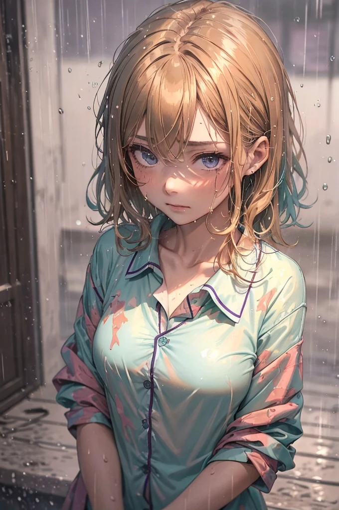 ((Teal coloured pyjama shirt)), 1girl, raining heavily, outside, short caramel-blonde hair sticking to her face, depressed purple eyes, teal coloured pyjama shirt, nighttime, very dark, soaking wet, wet through, wet clothes, almost naked, small breasts, outside at nighttime, in the streets, dark background, dark, very dark night, realistic colour, 1 colour shirt,
