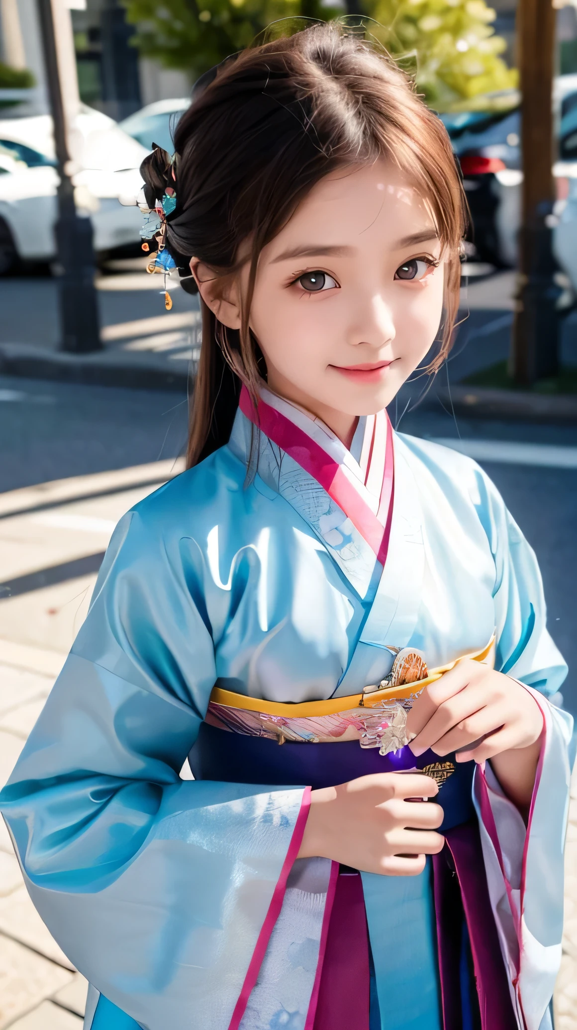(Very beautiful  cute girl), (very  cute face:1.2),12 yo, (sparking crystal clear attractive large eyes), beautiful detailed eyes, Detailed double eyelids, (smiling), (realistic photograph:1.2), beautiful hanbok,Super shiny red yellow blue green pink purple colored hanbok,beautiful hanbok,costume traditionally worn by Korean women,Korea style,Brown hair, korean Chimajeogori, Costume lighting,in the street