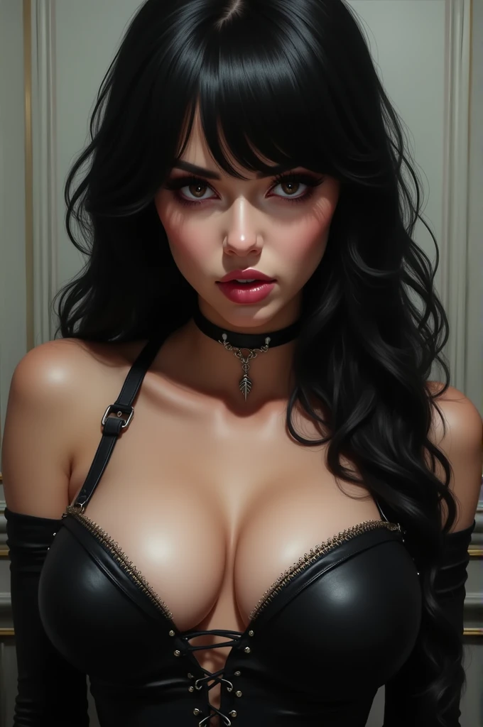 Girl with semi-long black hair, skin between white and brown, with a voluptuous and marked body, Dark brown semi-slanted eyes with an intense and mocking look and slight dark circles, about 1m tall,60cm. With a piercing (SEPTUM) on the nose, small but full lips, forehead neither too big nor too small. Black and marked clothing. 