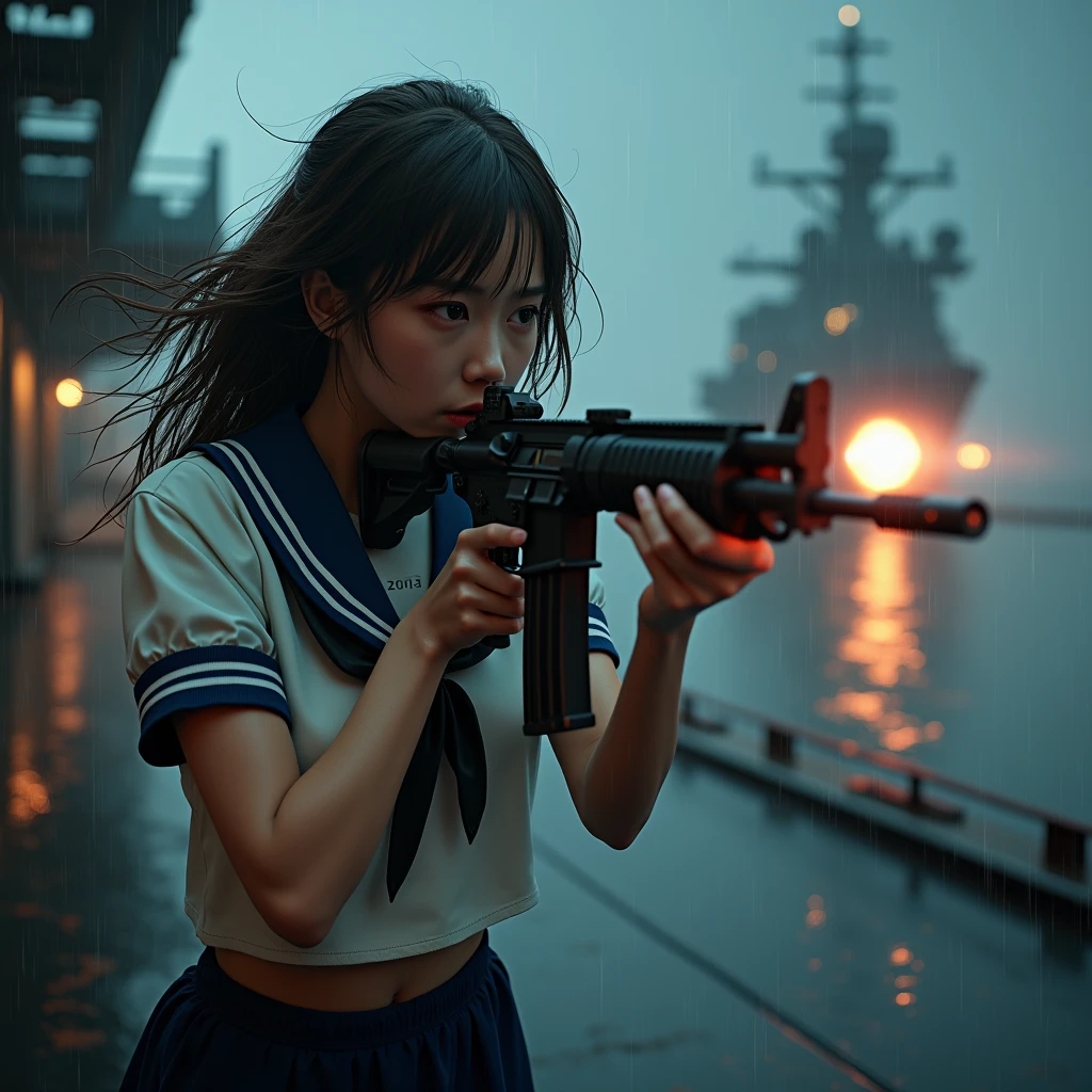 Browsing Caution:-2, (Highest quality:1.37), 32K resolution, (Realistic:1.37), (Ultra-realistic:1.37), High resolution UHD, Realistic, Beautiful Army, Photorealistic, Highly realistic photos, (Has an assault rifle:1.37), (Point the assault rifle at the enemy:1.37), Anatomically correct5Finger, from side:1.21, Above the knee shot, Close your lips, Wet clothes:1.37, Wet Skin:1.37, Wet Hair:1.37, Dark red blood flows from the body:1.37, Portrait of a Japan woman:1.21, School uniforms, Sailor uniforms from famous Tokyo Metropolitan High Schools, Short sleeve clothing, Short-sleeved sailor uniform:1.21, sera fuku:1.21, The upper body is wearing a uniform:1.21, Navy blue micro skirt, With a Japanese sword on his back;1.21, Brown Hair, Medium Hair, Beautiful hair blowing in the wind, On the deck of an aircraft carrier at night, At night, (With the bridge in the background:1.21), (Helicopter ship:1.21), Pouring rain:1.37, In the storm at night:1.21, In a storm:1.21, The enemy is approaching nearby:1.21, Justice, Responsibility, Students in the 1970s, Cute Japanese woman's face:1.21, Beautiful Japanese woman face:1.21, Sharp eyebrows:1.37, Anxious face, Shining tracer bullets, cigarette, haze, inflammation, Active photos, Retro Photography, Dynamic and cinematic lighting,