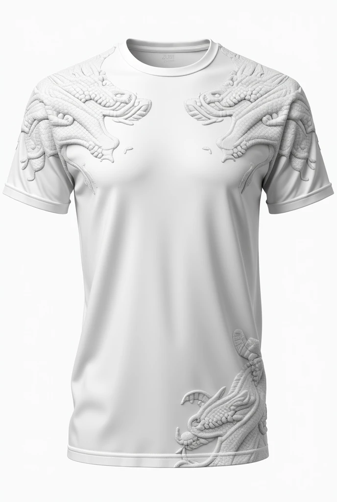 A plain white t-shirt with a dragon scale pattern on the top and bottom of the shirt, on a white background
