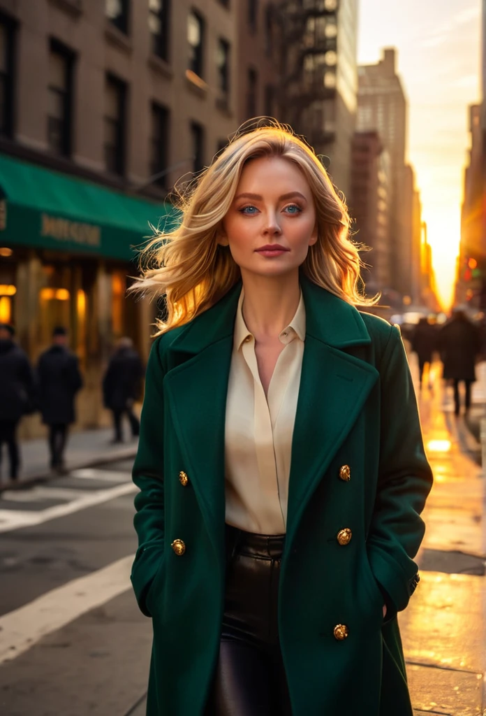 A woman, wearing a dark green coat, on the streets of Manhattan, with the golden hue of the sunset behind her. (best quality,4k,photography), detailed coat, bustling urban atmosphere, vibrant colors, evening light blonde hair blue eyes