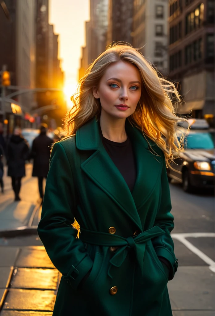 A woman, wearing a dark green coat, on the streets of Manhattan, with the golden hue of the sunset behind her. (best quality,4k,photography), detailed coat, bustling urban atmosphere, vibrant colors, evening light blonde hair blue eyes 