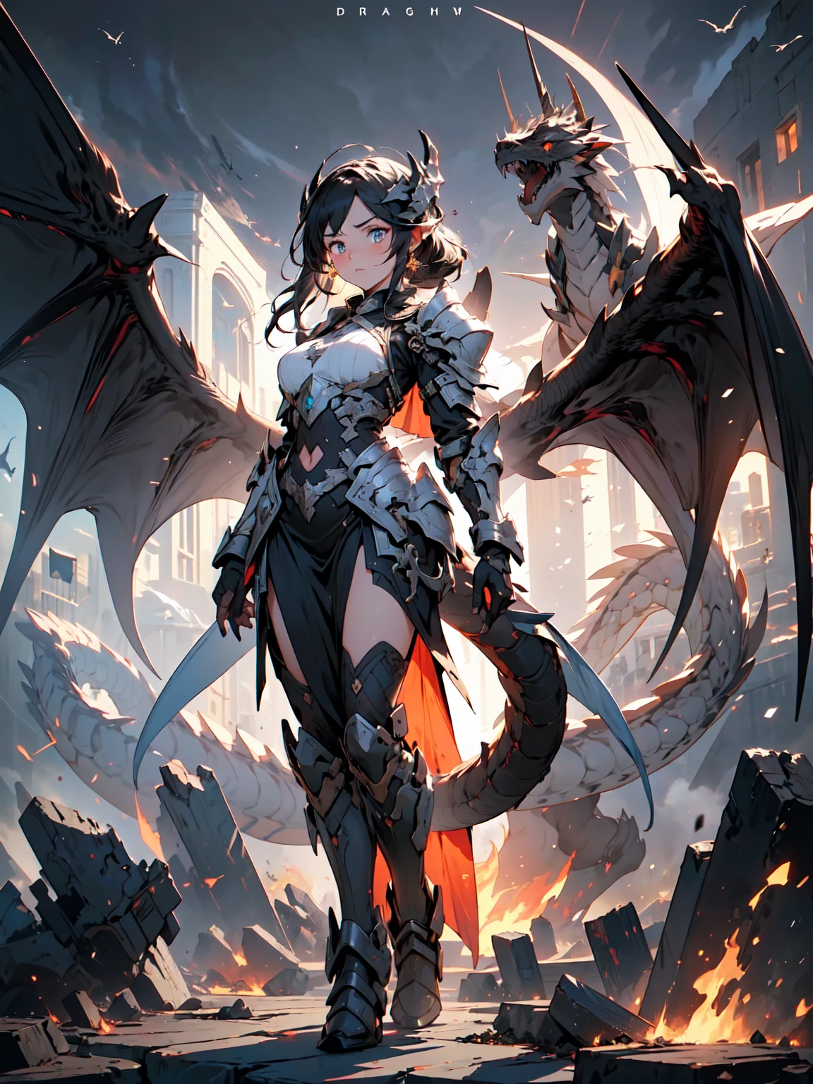 (((masterpiece, best quality, 8k))), female warrior, (full-body), obsidian dragon armor, ethereal glow, long flowing black hair, strands adorned with silver beads, piercing golden eyes, determined expression, standing atop a shattered battlefield, flames and shadows swirling around her, dragons circling in the stormy night sky, ancient ruins in the background, radiating power, (dramatic lighting, dynamic shadows)