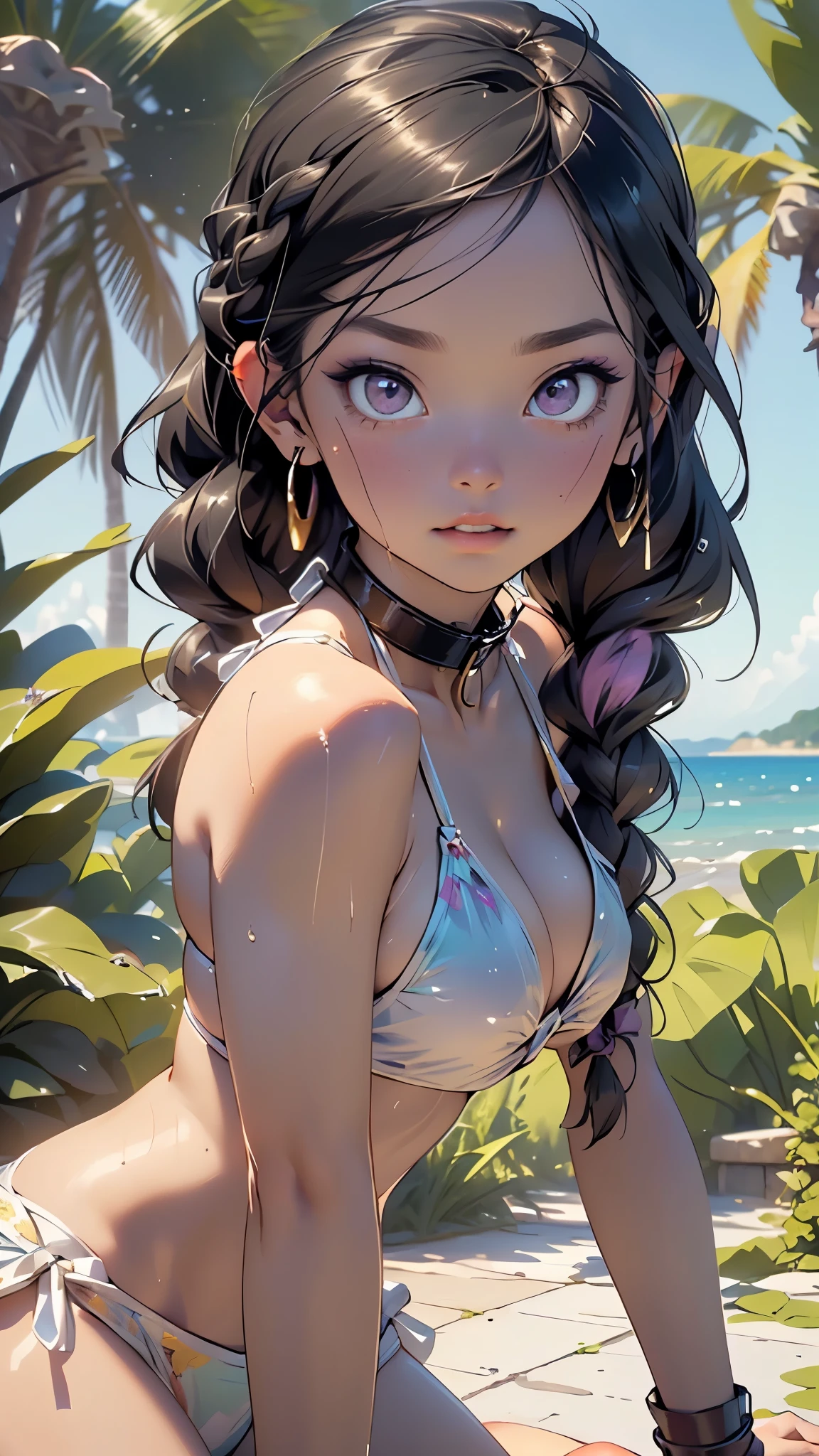 girl tribal,1girl,

(large breasts:1.4),((((long twin braids,tight braids,long braid,braided hair,long hime cut,dark hair,black hair,colored inner hair)))),(((purple_eyes:1.3))),intricate eyes,beautiful detailed eyes,symmetrical eyes,((((lustrous skin:1.5,tanned skin,bright skin: 1.5,skin tanned,shiny skin,very shiny skin,shiny body,Reflective skin)))),(spider lower abdomen,narrow waist,wide hip,athletic body,inflated legs,thick thighs,delicate detailed fingers,(detailed face)),beautiful detailed lips,

cute,slutty,sensual,seductive look,seductive,((erotic)),opulent,sumptuous,((nsfw)),

coral bracelets, glittering gemstones,silk lace,(iridescent bikini:1.5),(bikini egyptian:1.3,rainbow bikini:1.2),(((eyeshadow,egyptian makeup,eyelid makeup,rainbow stage makeup))),(revealing clothing,show skin),Iridescent Rainbow Reflective Fabric, Iridescent, multi-color reflective effect , striking multi-color reflective effect, reflective fabric, rainbow reflective tapes, (((iridescent vibrant colored glowing bikini))),((underboob)),(barefoot),(((slave collar,Long chain leash connected to her collar,shackles,chains:1.1))),micro clothes,almost totally naked,with little clothing,((tiny thong)),((wet clothes,intricate outfit)),

(shy pose:1.3),looking at viewer,embarrassed,shy,centered,scale to fit dimensions,Rule of thirds,

outdoors, ocean, (ocean in the background), scenery, extremely scenery, (puddles everywhere, moss, moss on the bottom), clouds, water lilies, palm trees, reeds, (sunset, golden hour),(egyptian palace background,pyramids in the background),

(Glossy Egyptian ornaments),highres,sharp focus,(ultra detailed,extremely detailed),(photorealistic artwork:1.37),(extremely detailed CG unity 8k wallpaper),(((vibrant colors,vibrant theme))),(intricate),(masterpiece),(best quality),artistic photography,(photography taken by sldr),(intricate background),perfect rendered face,perfect face details,realistic face,photo realistic,((intricate detail)),(((realism))),
