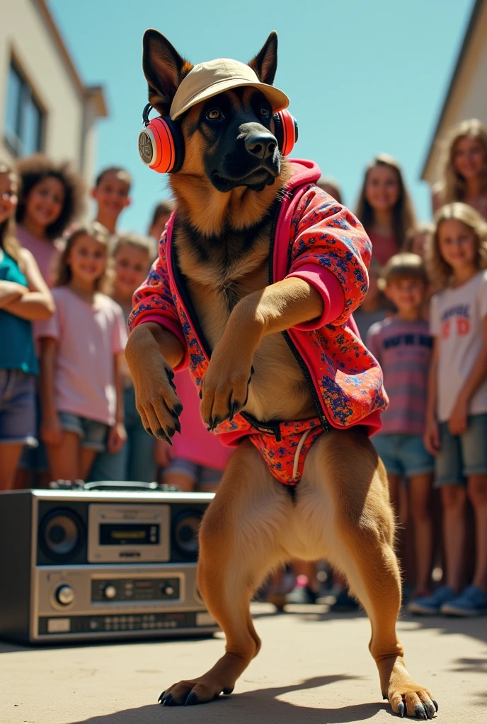 hyper-realistic photo of a German Shepherd wearing Life Djs clothing and a bucket hat breakdancing in front of a crowd of kids in a circle with a stereo in the corner