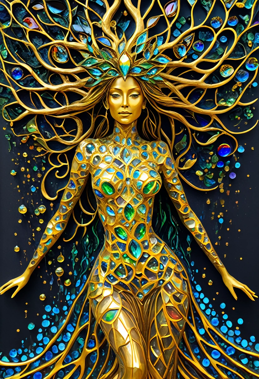 Beautiful line art photo,Use gold strokes and rainbow paint,Golden Maiden,the golden ratio,Melted wax,Visible brush strokes,surrounded by crystal spheres,3D Mosaic Wireframe,neuroimaging,neurons,The Tree of Life,colours,California,intense emotion,oil on the canvas,Thick strokes,insanely details,8k ultra high definition,tmasterpiece,art stations,ultra-realistic realism,Plant Witch,Vine Queen,Witch of Thorns