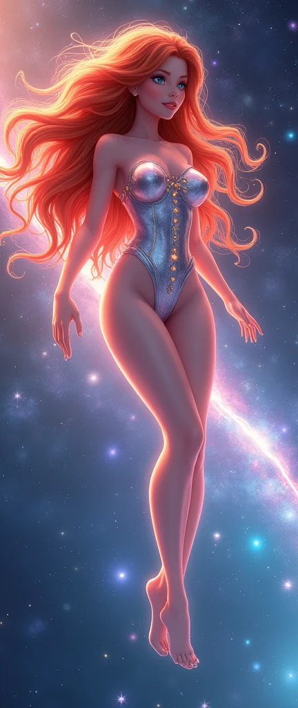 (masterpiece,Distinguished Quality,Mirror-like,Cinematic Experience,insanely detailed,absurdres),8k,wallpaper,(Ray Tracing),Physically Based Rendering,Ultra-fine painting,Narrow your focus,BREAK(1 female),(Astral Body:2.0),(Beautiful Face),(Beautiful Eyes),(Perfect Eyes:1.6),(Glowing Skin:1.2),(Random Hairstyles),(Random hair color)BREAK,(Ultra high leg bodysuit:2.0),(Big Breasts),(Sexy thighs),(Functional),(Voluptuous),(front:2.0),(whole body:2.0),(look at me),(Detailed hands:2.0),(Beautiful female hands:2.0),(Portrait of the Goddess,Cosmic aura,universe space,Iridescent particles,Diffuse reflection of light),(She is floating leisurely in the universe space.:2.0) Bloom from *Winx Club* is a character with bright, fiery red hair that flows in loose waves. She has blue eyes and a fair complexion. Her outfit typically includes a blue and green fairy dress with sparkling accents and butterfly or star motifs. She often wears matching accessories like a headband and shoes. Bloom’s overall look is vibrant and magical, with a little crown gold in her hair reflecting her powers as the Fairy of the Dragon Flame