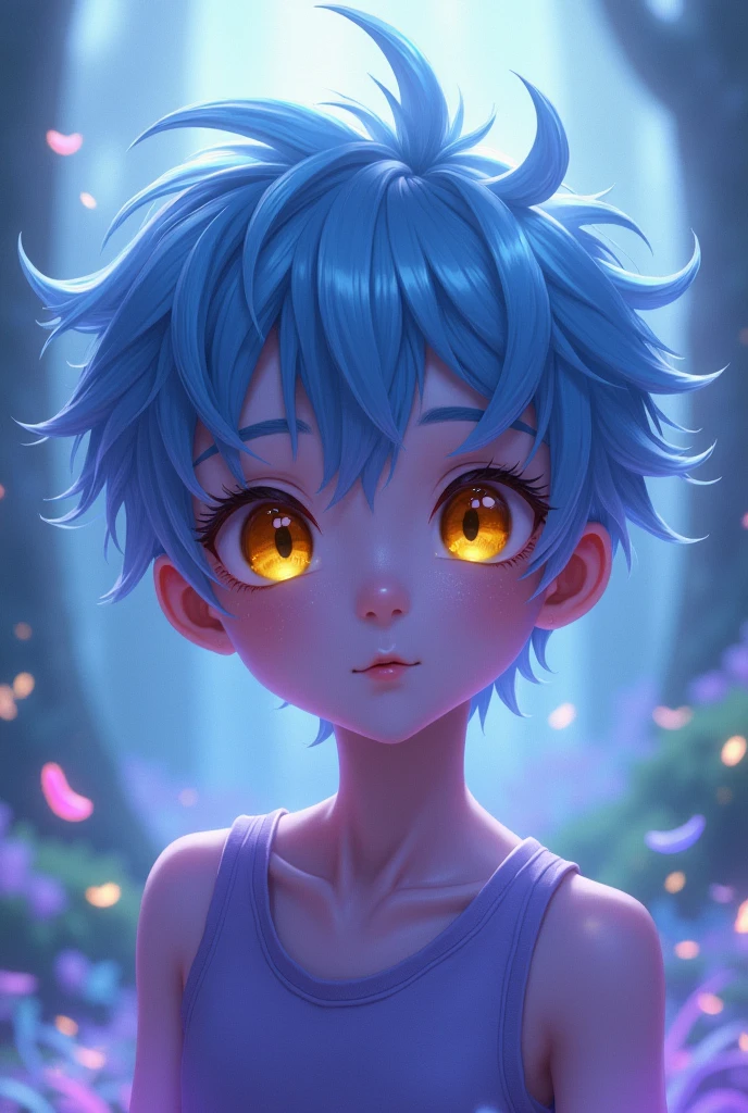 Cute Anime Boy with purple skin, blacked out eyes with yellow pupils, and light blue hair