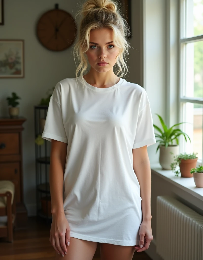 "A detailed full body long shot image of a young woman with wavy light blonde hair, combed with a tight ponytail, standing at home, dressed casually in a very loose long white t-shirt that looks like a dress. Blue eyes and a challenging look. He is short in stature, with a curvy figure that includes prominent buttocks and medium, round breasts. She is standing next to a window with natural light that gently highlights her figure.."