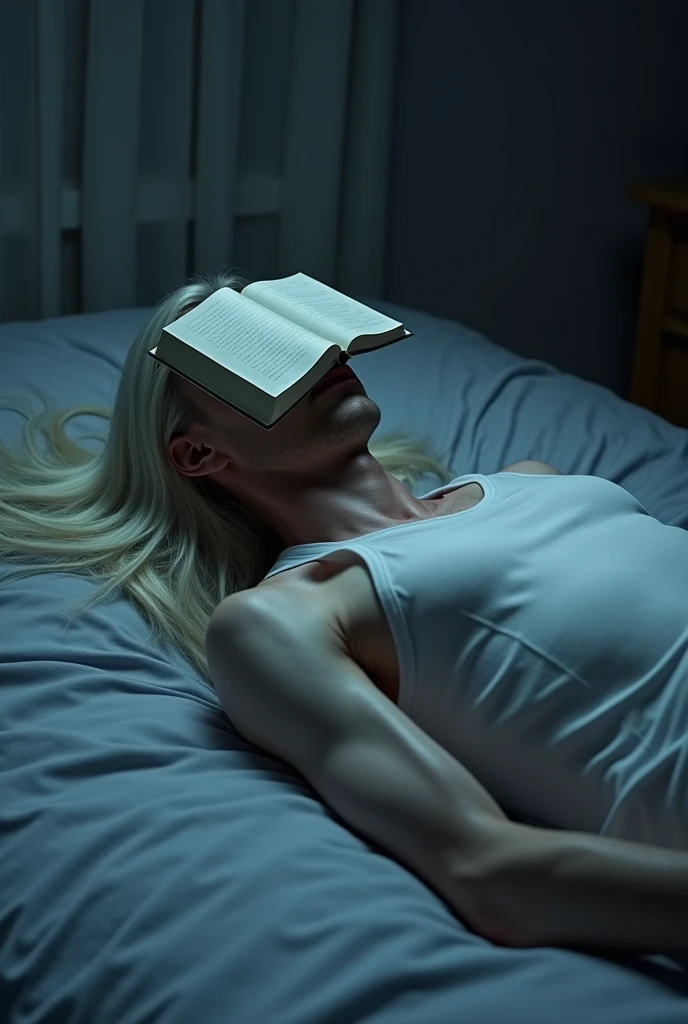 A thin man lies on his back with a book covering his face. O cabelo dele é grande e platinado até o quadril, o cabelo deve estar espalhado sobre a cama down to his hips. The lighting is dim and the color scheme is muted, with a focus on blues and grays. The image is peaceful and serene, with a sense of calm and relaxation.
