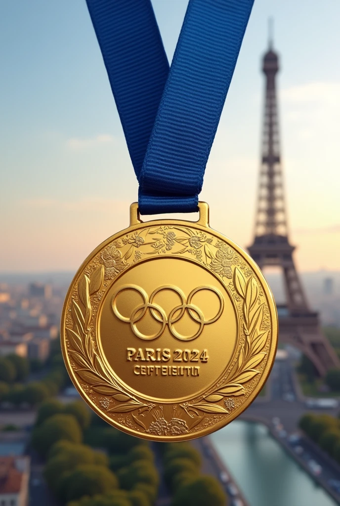 Create a design of the official Paris 2024 Olympic Games gold medal with the blue cord