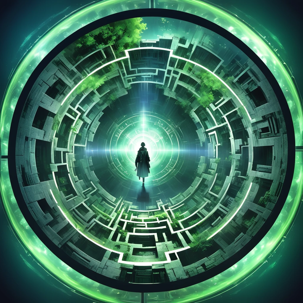 merged, Jed-dblexpsre effect, double exposure, small centered composition, product shot, plain background, wallpaper art, in the center is an image of a ("The Labyrinth of Levi's":1.2) , it is Skilled, by Raymond Swanland, Detailed illustration, dark green and Green hue, macabre, tiny, , highly detail, cool colors, grand illumination, dynamic cinematic perfect background, stunning detail