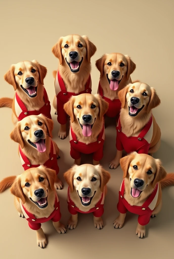 7 ADULT GOLDEN RETRIEVERS IN RED OVERALLS SEEN FROM ABOVE IN THE SERIES LA CASA DE PAPEL