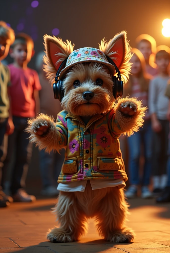 hyper-realistic photo of a Yorkshire wearing Life Djs clothing and a bucket hat breakdancing in front of a crowd of children in a circle with a stereo in the corner
