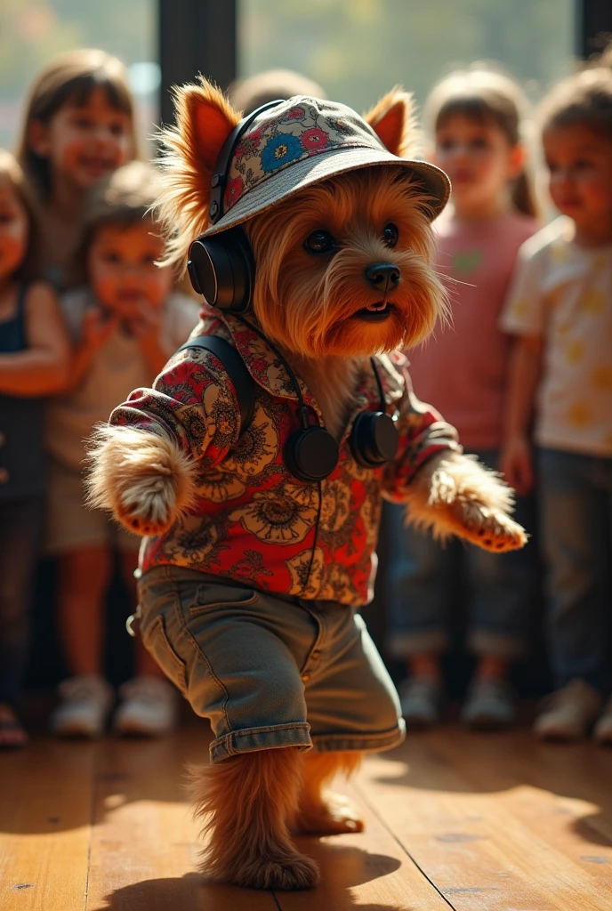 hyper-realistic photo of a Yorkshire wearing Life Djs clothing and a bucket hat breakdancing in front of a crowd of children in a circle with a stereo in the corner