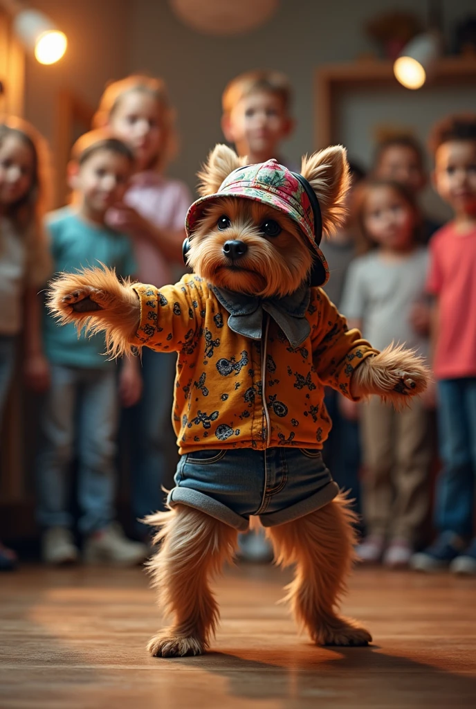 hyper-realistic photo of a Yorkshire wearing Life Djs clothing and a bucket hat breakdancing in front of a crowd of children in a circle with a stereo in the corner