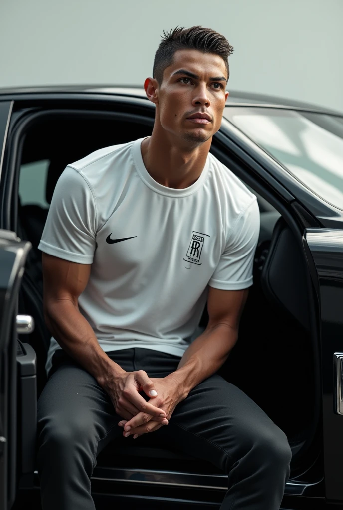 Cristiano Ronaldo ;qui sort d'un rolls roys;noir;portant un t-shirt blanc nike 