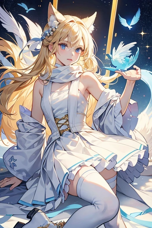 blond hair. Lumine has chin-length except for two locks of shoulder-length hair framing her face. She has two light-blue Inteyvat flowers pinned on the right side of her head and two pale blue feathers tucked at the left. She wears a sleeveless, backless, box pleated white dress held up by crossed black straps. She wears a long two-tailed scarf, with each tail having a gold, flat diamond-shaped ornament attached to the tip of the tail. Her legwear consists of angled thigh-high stockings and white ankle-high boots. SPARKLE; GLITTER