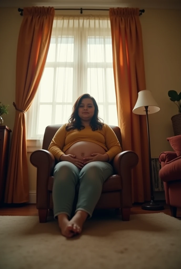 Your POV view from below when your pregnant plus size stepmother sits on a chair at home with a giant and tall posture from the front looking at you during the day.. HD, cinematic, photorealistic, fisheye camera view, iphone camera style