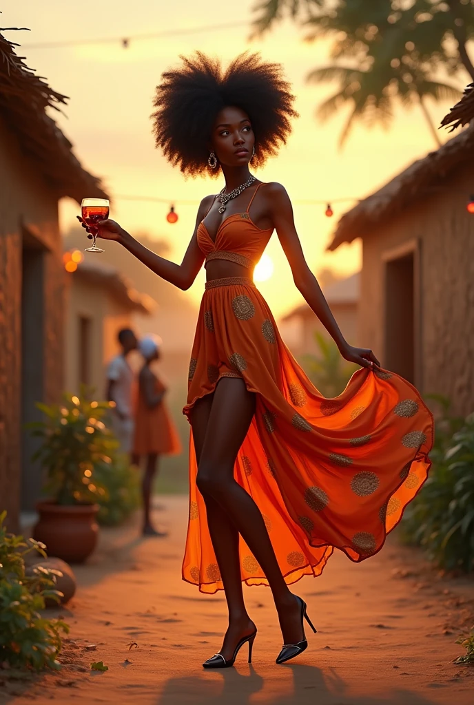 In a evening setting with a lady dancing and handing a glass Generate an image of an African modern black woman skinny in afro in an party wear going to parties with friends in a village setting
