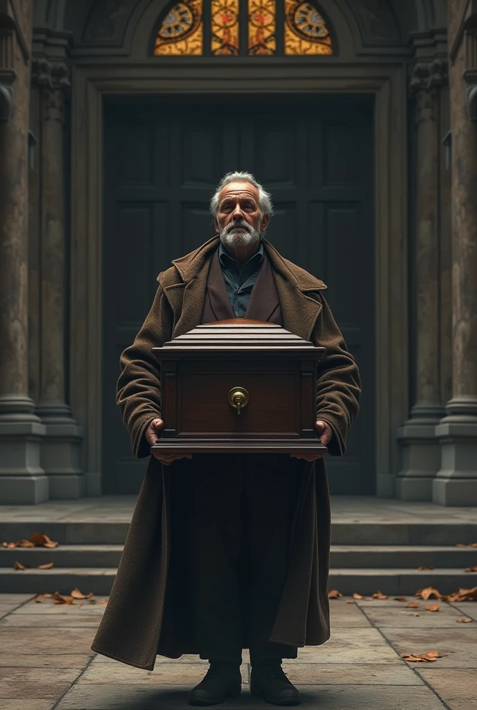 Man with a coffin in his arms outside a church, looking at its immensity and waiting for the doors to be opened
