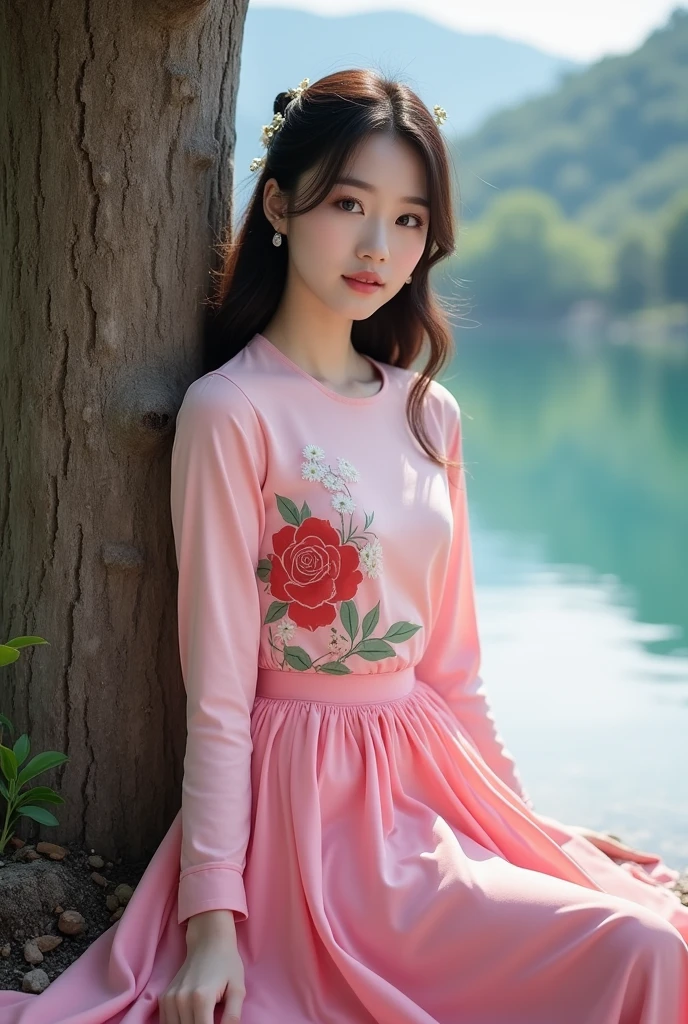 beautiful Korean woman, smooth white skin, well-groomed face, rambut panjang rumbai hitam,pink long sleeve floral t-shirt,big rose wearing a long wide pink skirt,, sitting leaning under a big tree, looking at the camera, ditemani kucing anggora berukuran besar, background sungai biru mengalir, mountains and white clouds, full HD photos with clear contrast without defects, all over the body,Original photo,Realistic 

