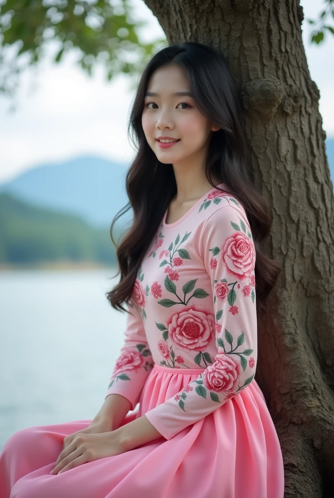 beautiful Korean woman, smooth white skin, well-groomed face, rambut panjang rumbai hitam,pink long sleeve floral t-shirt,big rose wearing a long wide pink skirt,, sitting leaning under a big tree, looking at the camera, ditemani kucing anggora berukuran besar, background sungai biru mengalir, mountains and white clouds, full HD photos with clear contrast without defects, all over the body,Original photo,Realistic 

