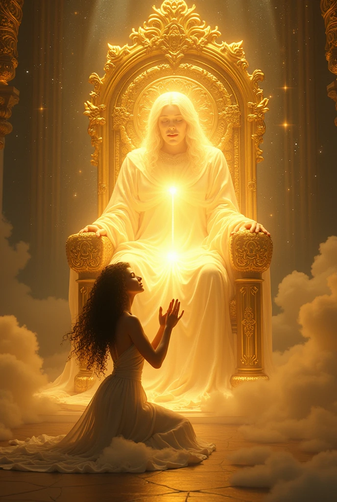 Beautiful and mystical woman with curly hair prostrate in deep adoration and offering her heart to God sitting on his golden throne more radiant than all the stars in the sky
