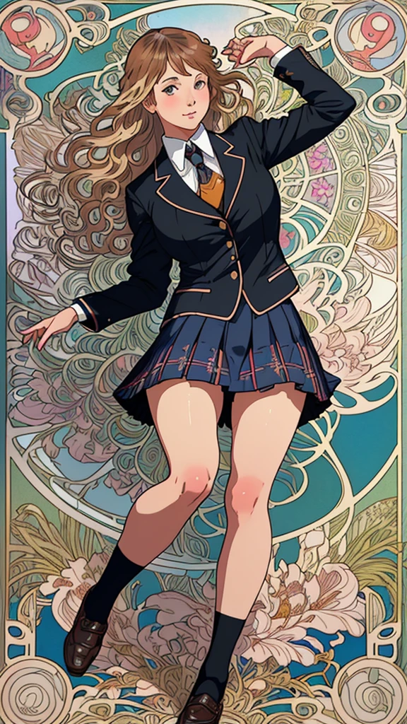 (by mucha:1.2),Detailed backgrounds,art deco,Beautiful landscape painting,Botanical art,artes floral,(floral:1.2), 
(master part, Best Quality),vibrant swirling colors,full color, extremely high quality, surprising details, anatomically correct,
Line art, Depth of fields,flat shading,bokeh,
(wavy fur,by rubio),(thick thighs),(huge roof),Perfect style,thin leg,
(Simple school uniform:1.5),(school uniform jacket),(Black blazer),(school uniform plaid skirt),open clothing,
Posing,
(Silly style),